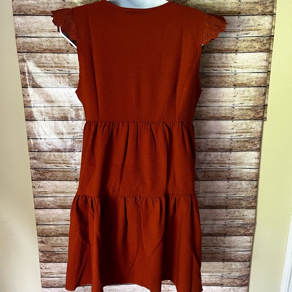 Terracotta eyelet embroidered cap sleeve V-neck high waist smock dress Sz S - Picture 12 of 12
